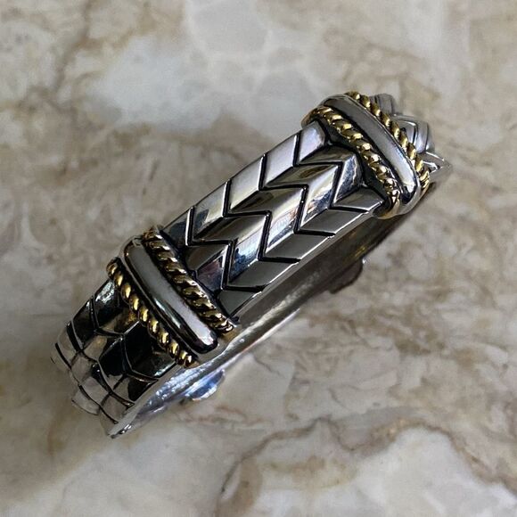 NWOT Two-Tone Silver/Gold & Rhinestone Spring Hinge Cuff Bracelet - Picture 3 of 11